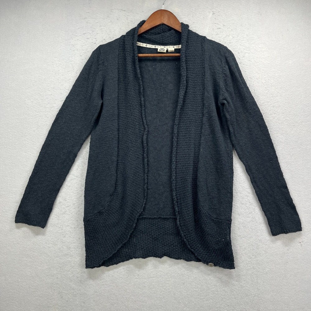 Roxy Cardigan Sweater Womens L Black Open Front Shawl Collar Knit Casual Beachy